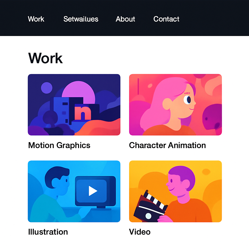 Animation Studios website screenshot showing portfolio grid