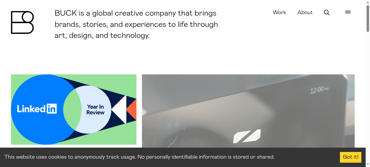 Buck homepage showing work immediately