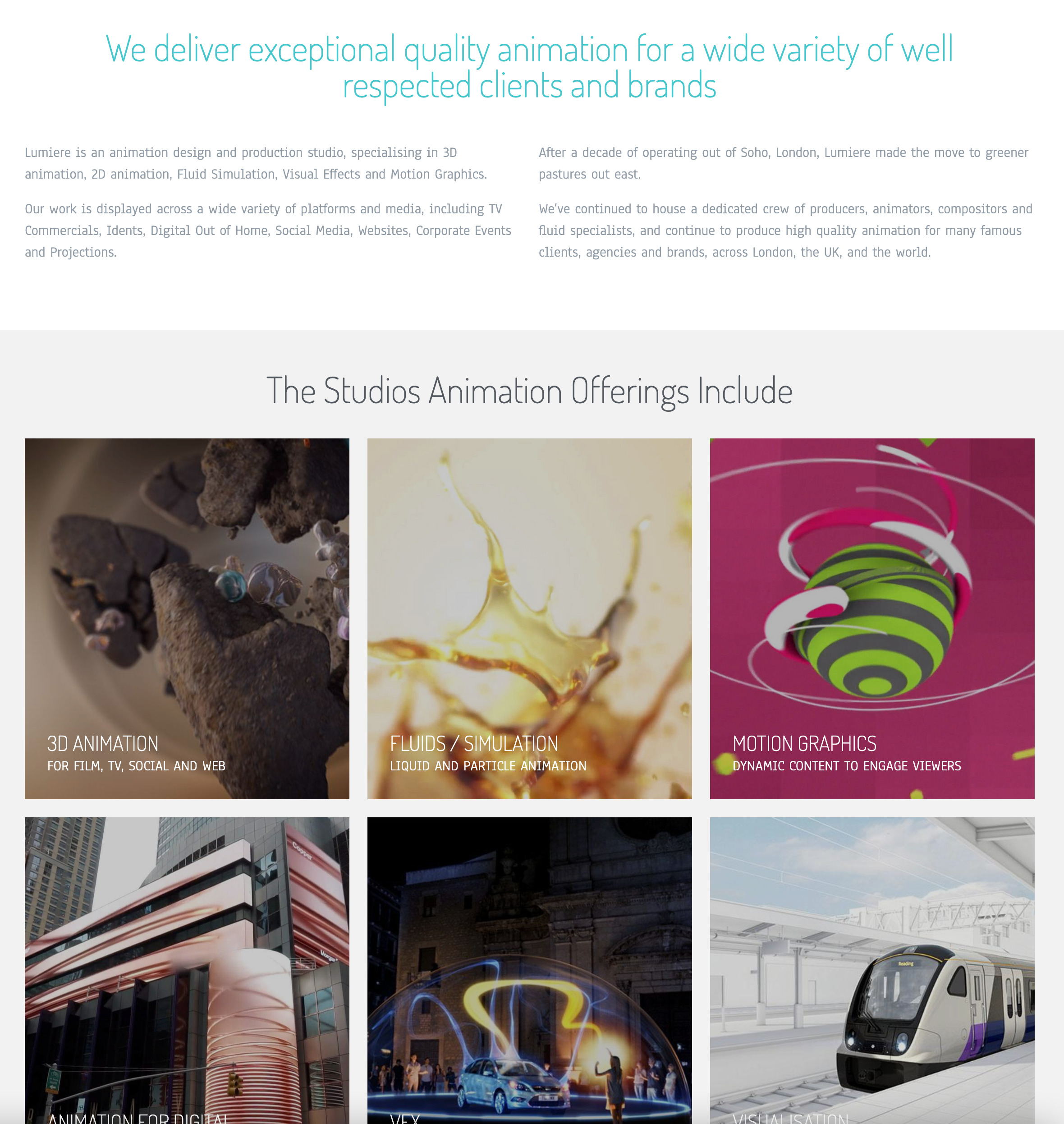 Animation Studios services page showing animation offerings
