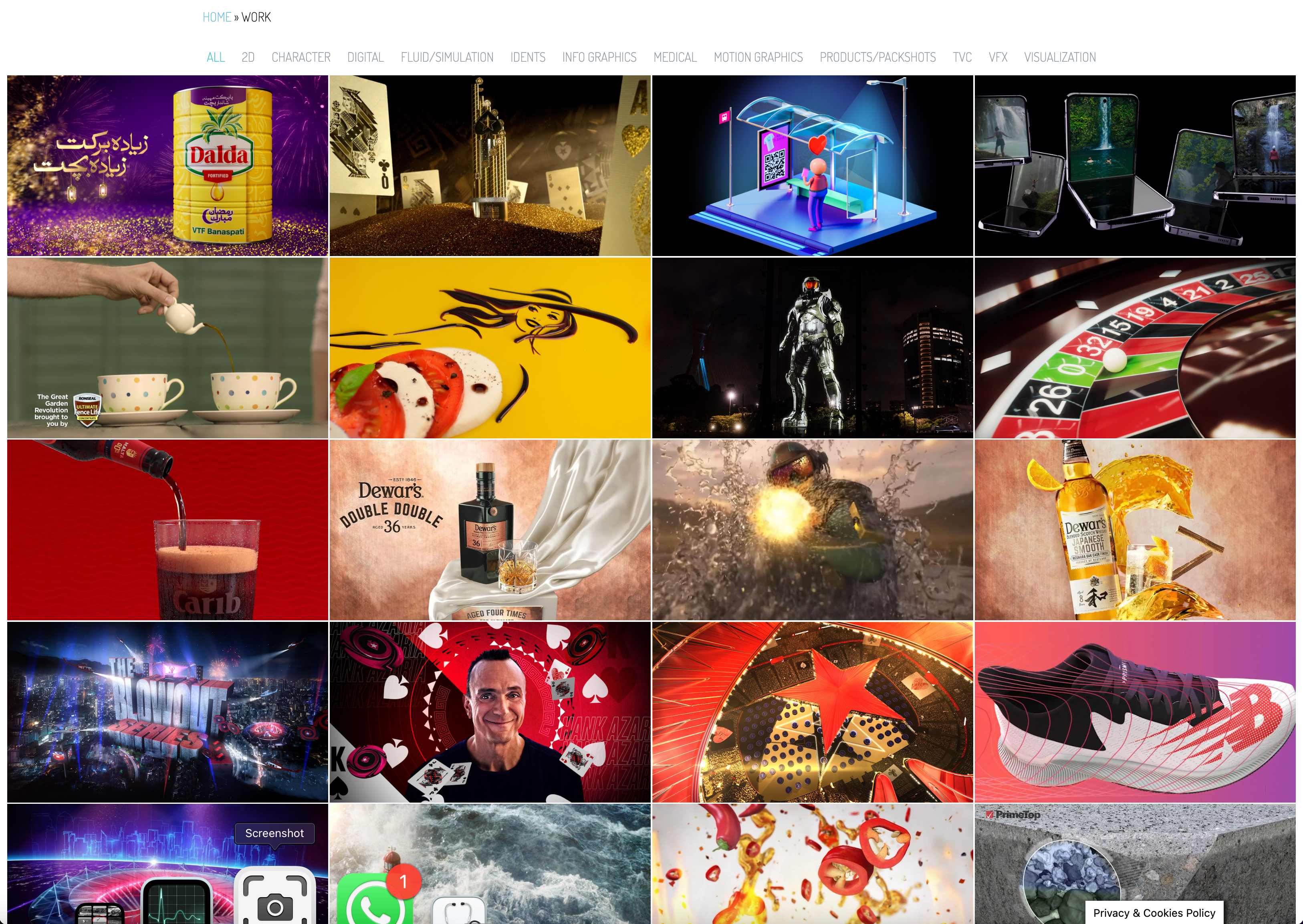 Animation Studios portfolio page showing a grid of animation work