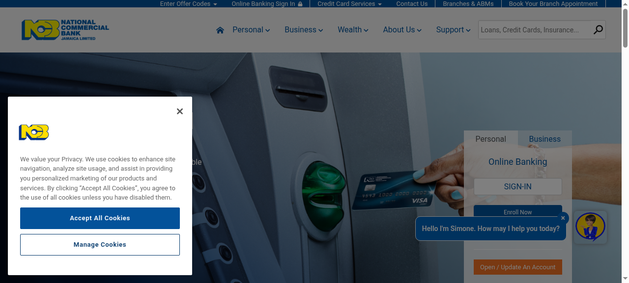 NCB Jamaica homepage showing navigation and online banking panel